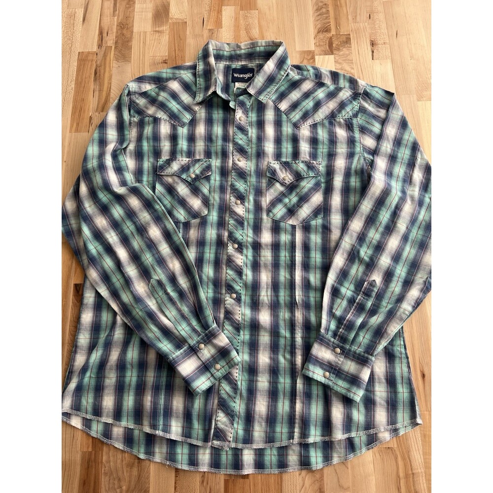 Men's Wrangler Long Sleeve Collared Snap Blue Green Plaid Shirt Embroidered 2X